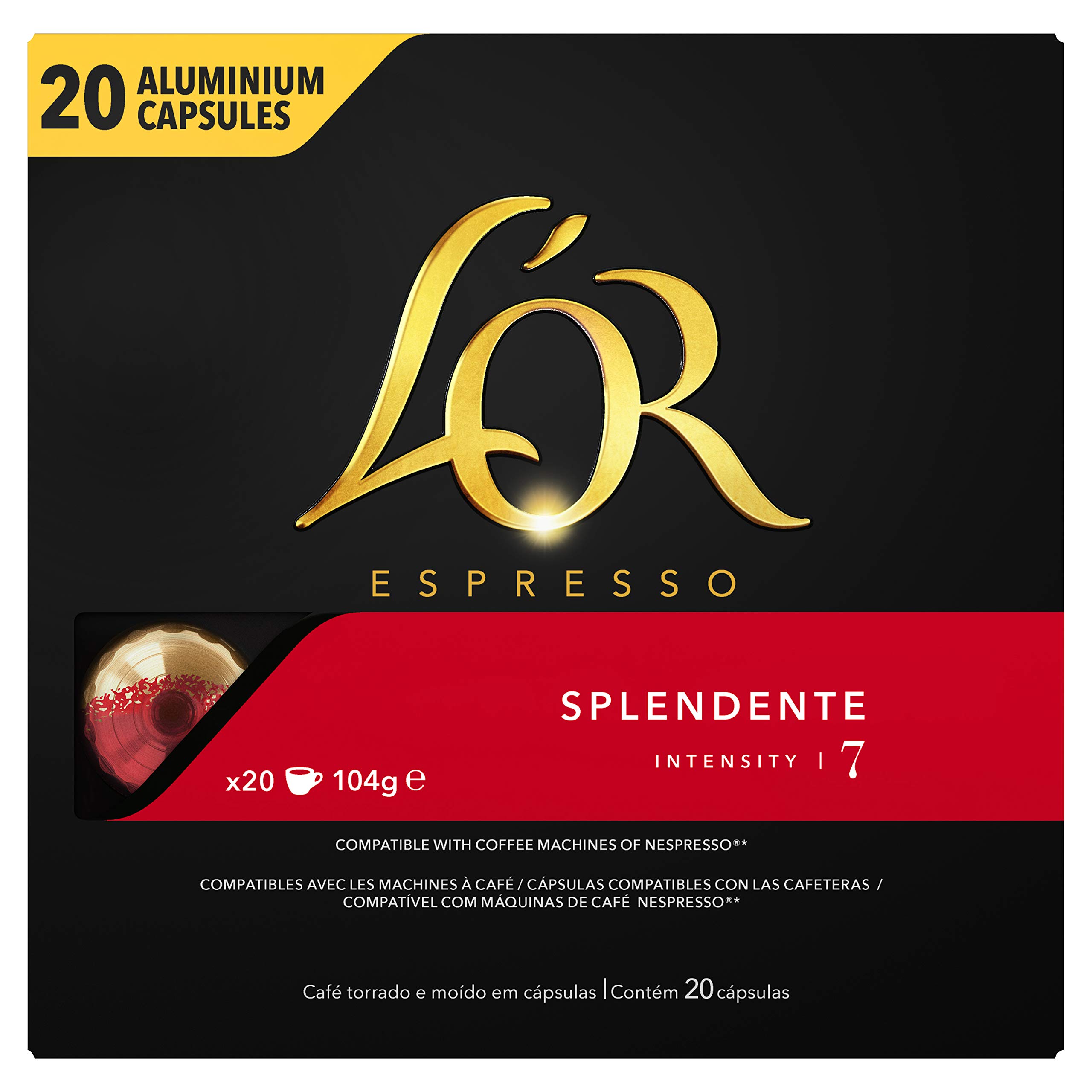 L'Or Espresso Café Splendente – Intensidad 7 – 100 cápsulas de aluminio compatibles con máquinas Nespresso (5 x 20 cápsulas)