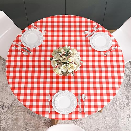Miniatura 6 de Velway Mantel ajustable de vinilo con borde elástico, funda de mesa redonda impermeable con reverso de franela, mantel rojo a cuadros para