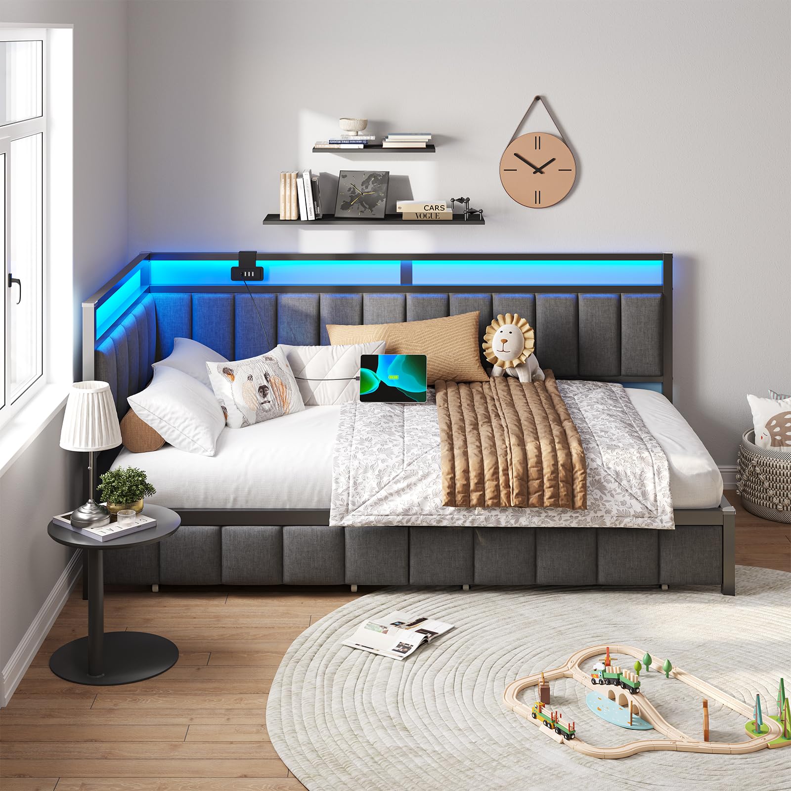 DICTAC Polsterbett Schlafsofa 90x200 mit LED-Beleuchtung und USB-Ladestation, Jugendbett Tagesbett 90x200 mit Lattenrost aus Metall und 2 Schubladen, Gästebett,Bettgestell - Ohne Matratze,Dunkelgrau