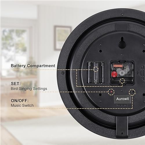 Miniatura 3 de Reloj de pared de pájaro cantante de 13.3 pulgadas con canciones de pájaros reales, movimiento silencioso sin tictac, reloj decorativo de animales