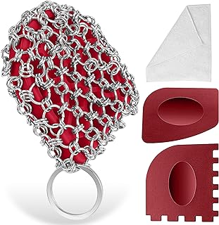 4 Cast Iron Cleaner Scrubber Set - Chainmail Scrubber+ Cast Iron Scraper, Iron Skillet Cleaner Chain Mail Scrubber Sponge to Clean Skillet, Dutch Oven, Carbon Steel, Wok, Cast Iron Cleaning Tool Kit