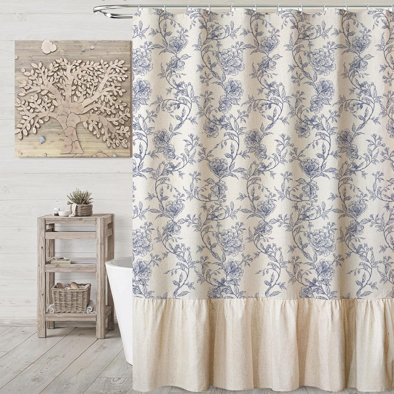MUGINYU Blue Floral Toile Shower Curtain with Ruffle Trim - Vintage French Country Bathroom Decor with Linen Texture, Cottagecore Aesthetic Pattern, 72x72 Inches