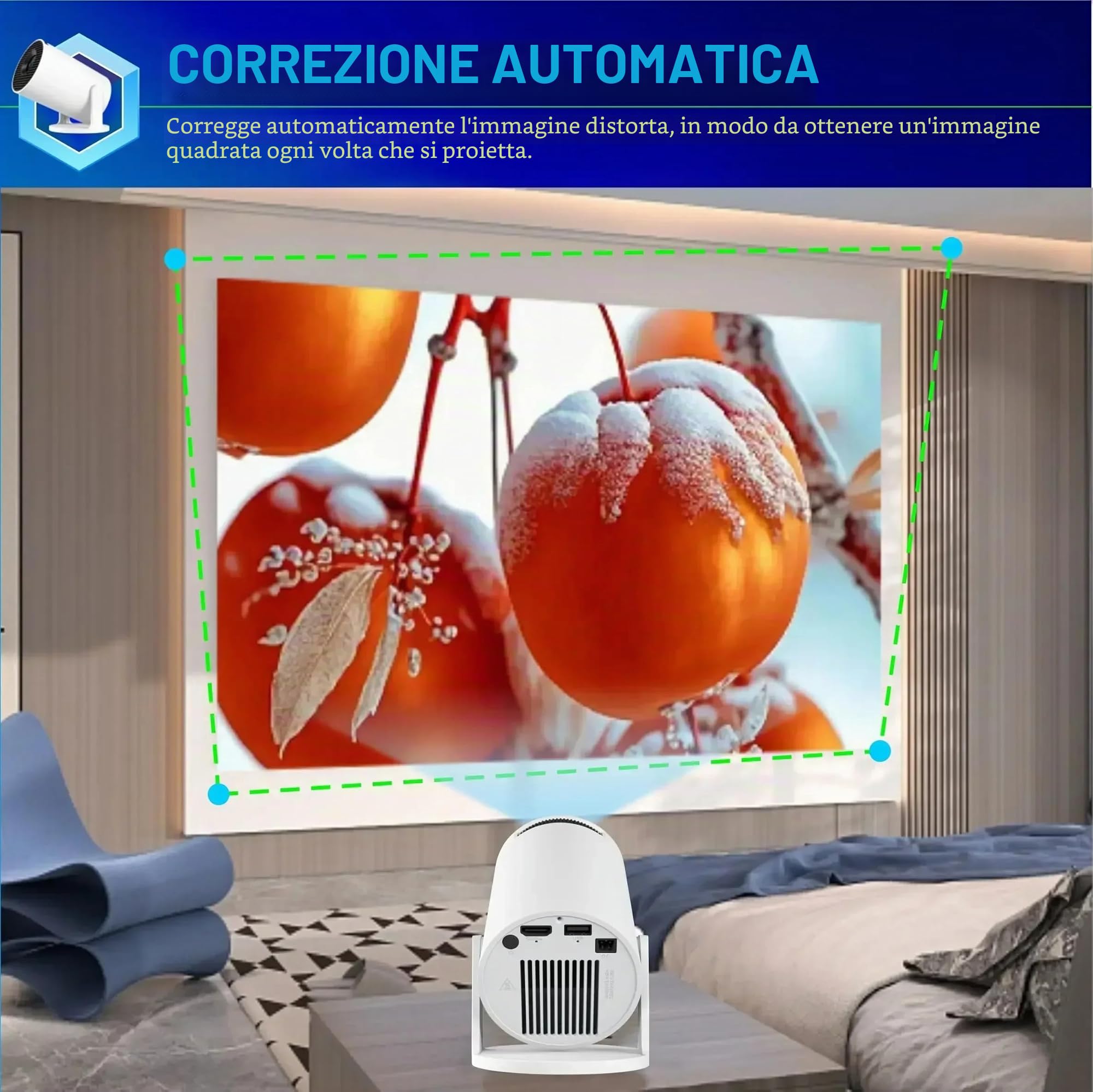 Mini Proiettore, Proiettore Portatile 4K, Upgraded Videoproiettore con Bluetooth 5.4 WiFi 6, Ruotabile 180°, Android 14, Correzione Trapezoidale Projector Compatibile iPhone/Android/PC (Bianco)