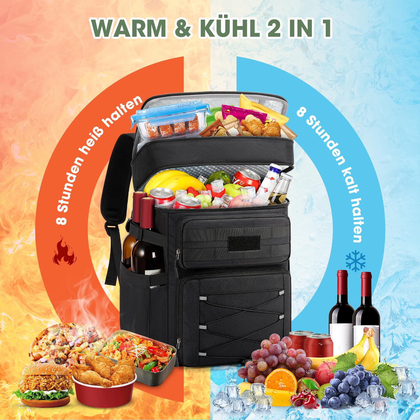 RAINSMORE Kühlrucksack 30L Auslaufsicher Groß Thermo Kühltasche Rucksack Doppeldeck Isolierter Picknickrucksack für Familie Outdoor BBQ Schwarz