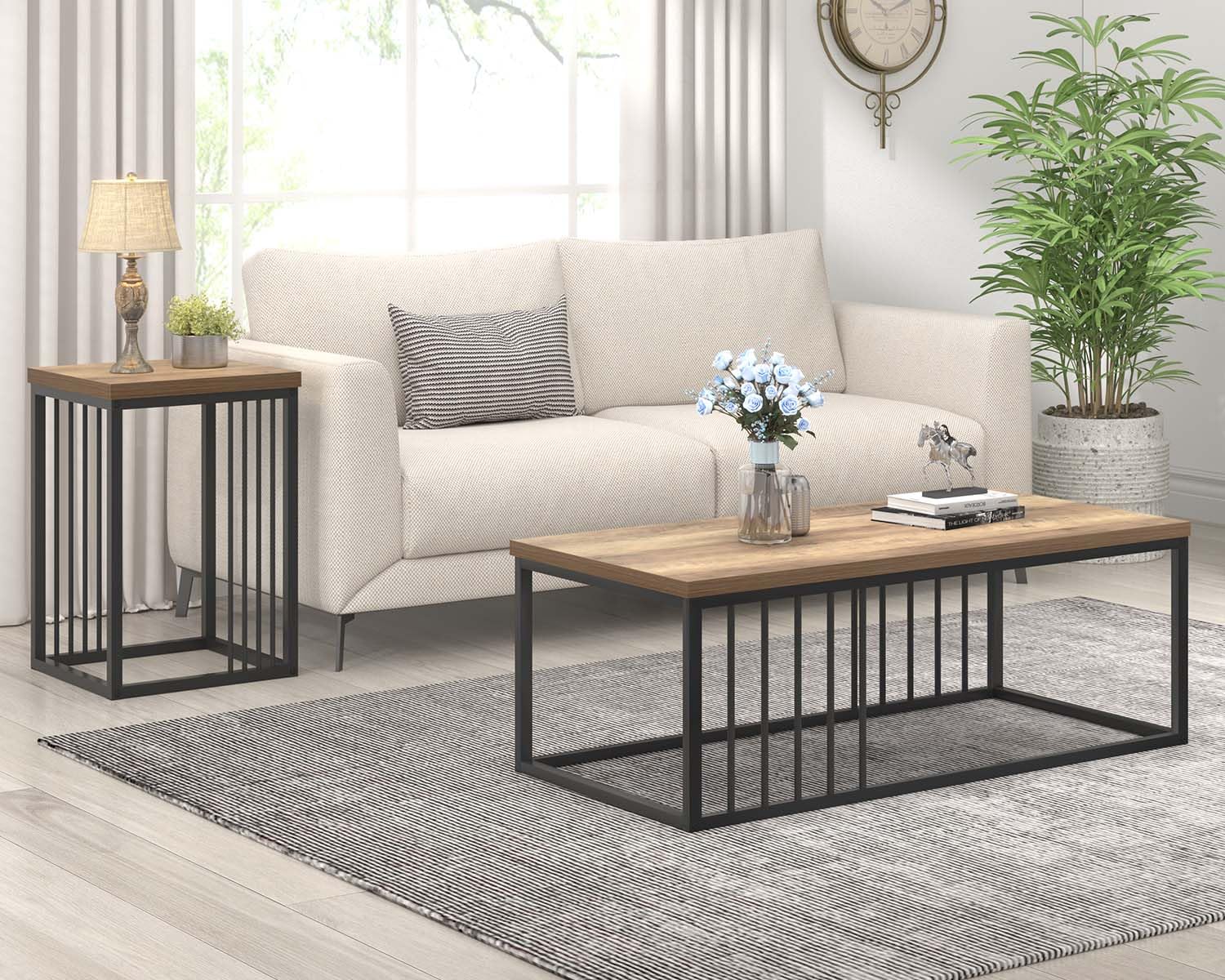 FOLUBANRectangle Coffee Table and Side Table for Living Room, Oak