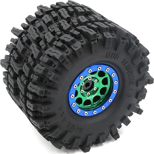 Miniatura 3 de HOBBYSOUL Soft Sticky 1.9 Mud Slingers Neumáticos T8 4.724 in4.72 pulgadas y 1.9 Beadlock Ruedas Color Verde Azul Para 110 Rock Crawler Traxxas TRX4