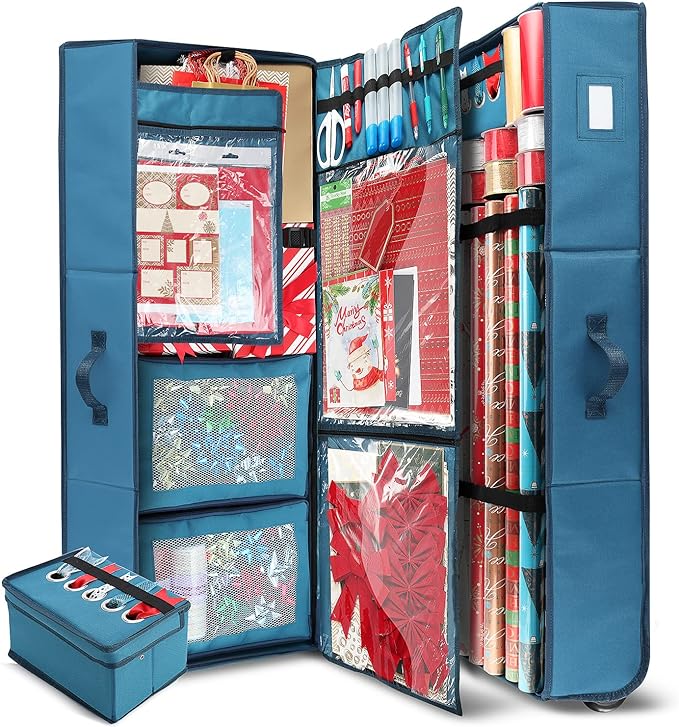 Hearth & Harbor Holiday Storage with Christmas Bins and Ribbon Organizer - Fade Resistant Wrapping Paper Containers with Wheels Fits Up to 30 Rolls