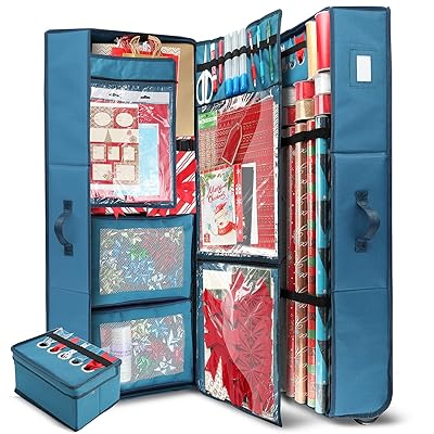 Hearth & Harbor Wrapping Paper Storage Container with Ribbon Dispenser and Interior Pockets - Large Christmas Storage Containers with Wheels, Fits 30 Rolls of 40" Length, Red