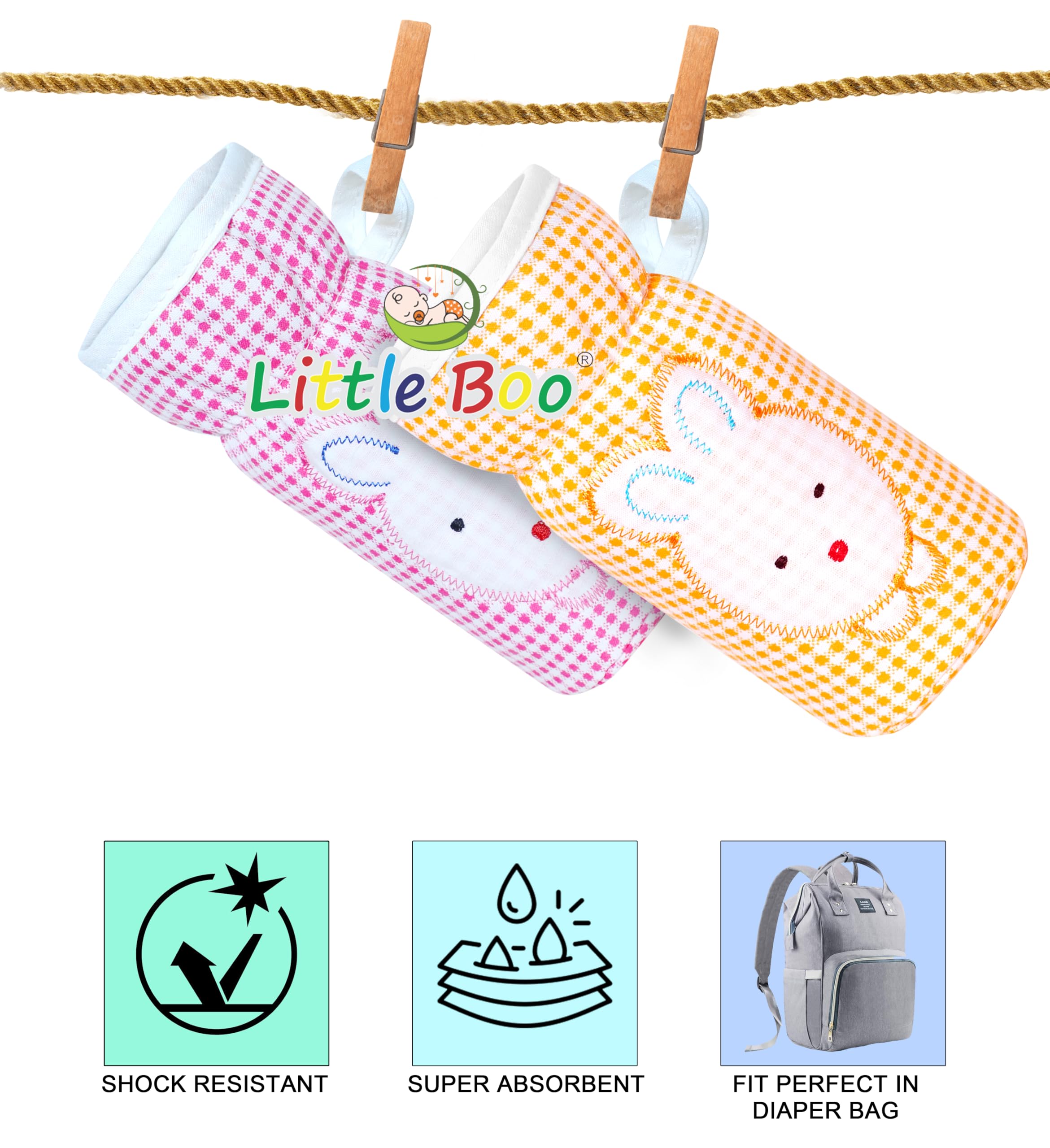 Little Boo Soft Plush Stretchable Baby Feeding Bottle Cover with Easy to Hold Strap | Check Design Cotton Pack of 2 (Pink and Orange,Narrow Neck Fits Upto 150ml) - Image 6 thumbnail