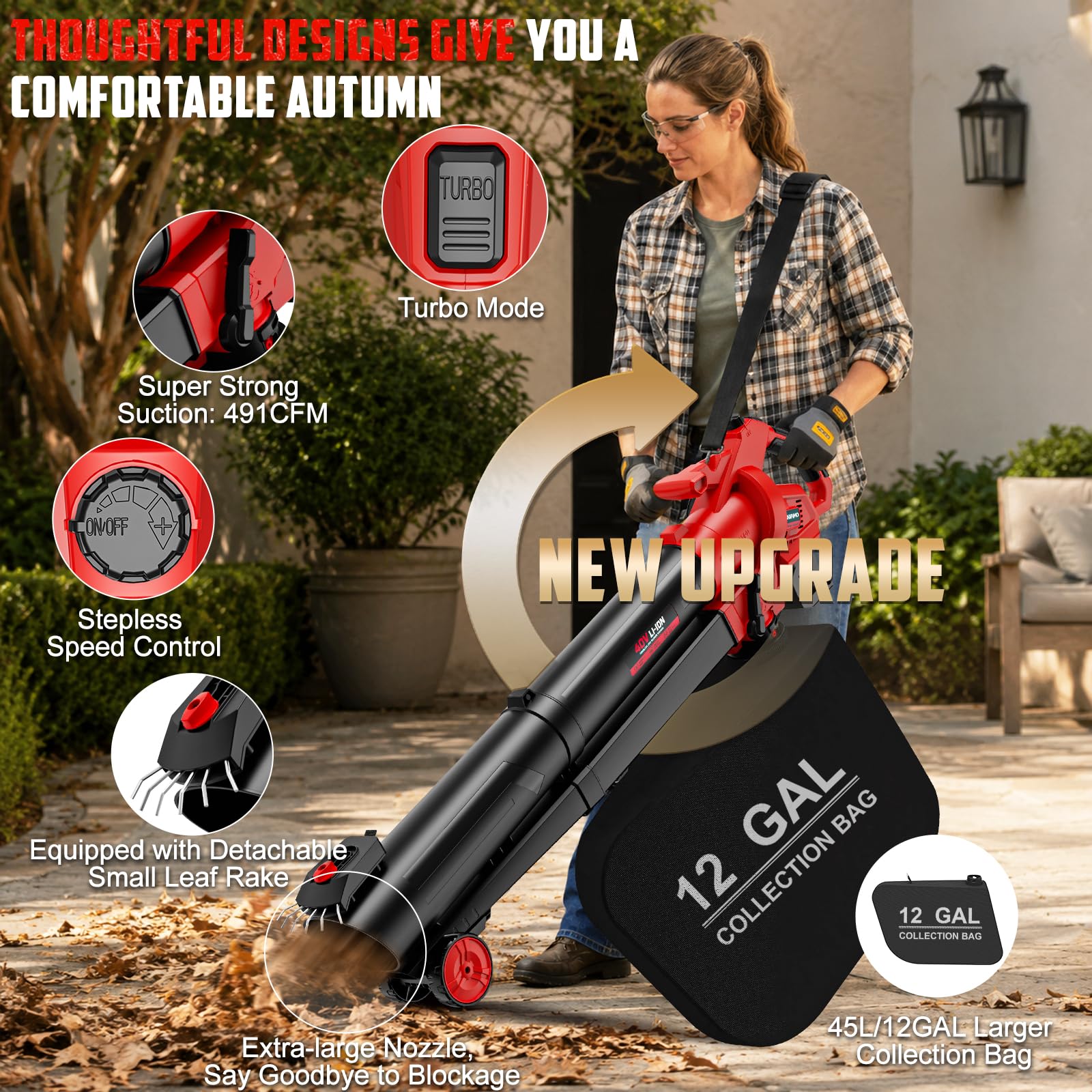 Aspirateur à feuilles sans fil 3 en 1 avec sac compatible avec batterie