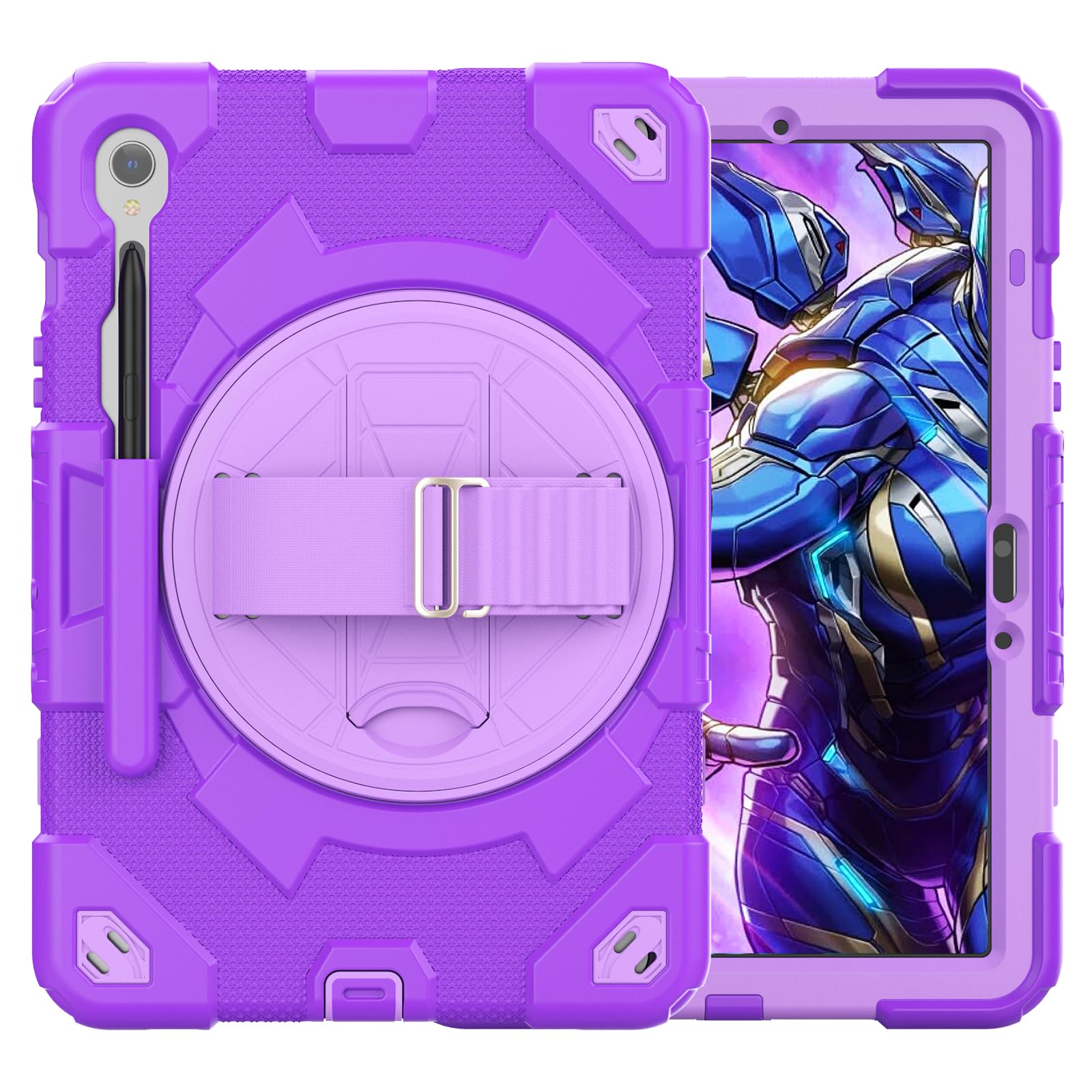 Custodia per tablet per Samsung Galaxy Tab S9 11" 2023, custodia antiurto in silicone resistente con portapenne, tracolla, supporto pieghevole girevole, cinturino da polso