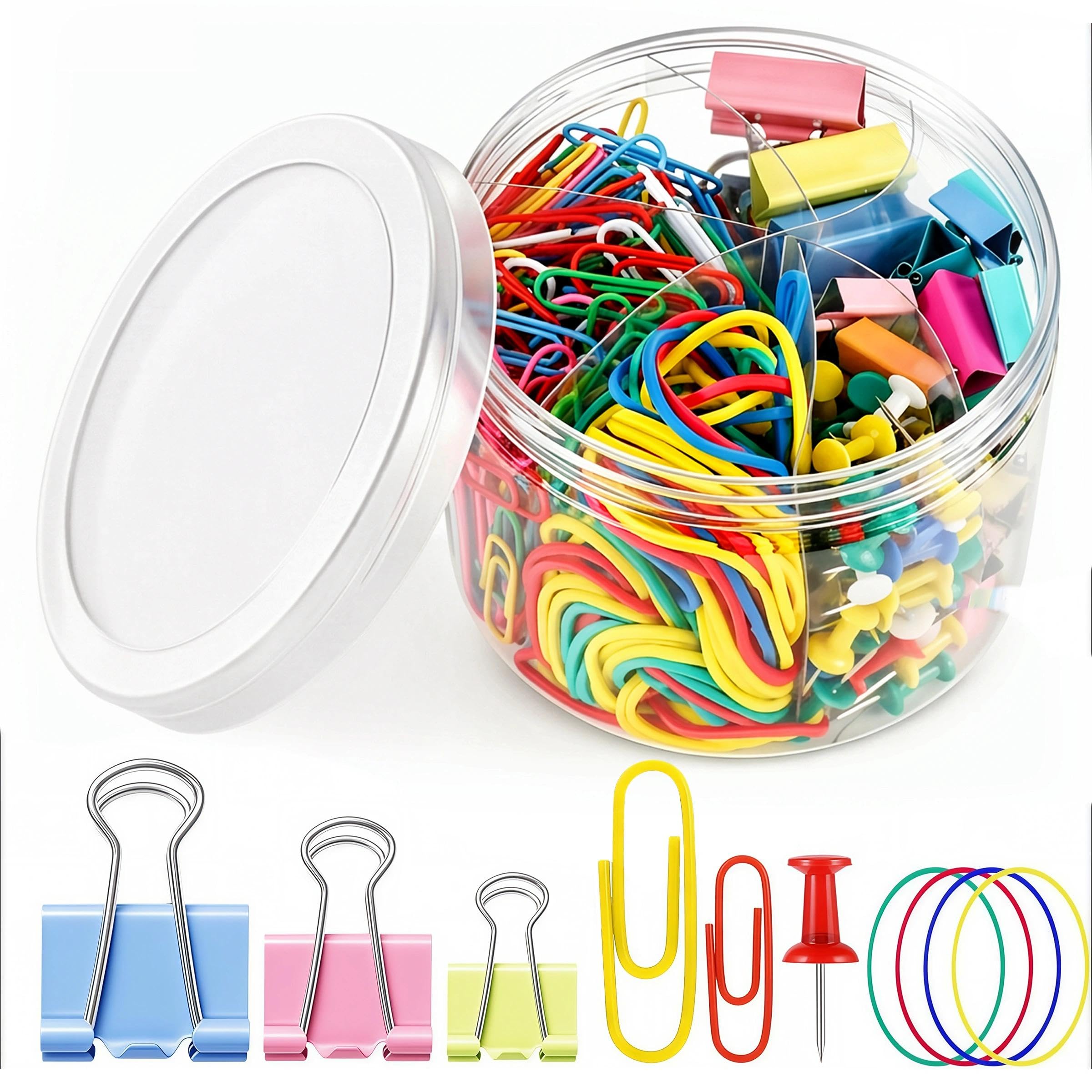350 Pcs Binder Paper Clips, Colored Office Clips Set, Paperclips Paper Clamps Rubber Bands Push Pins for Office and School, Home Supplies