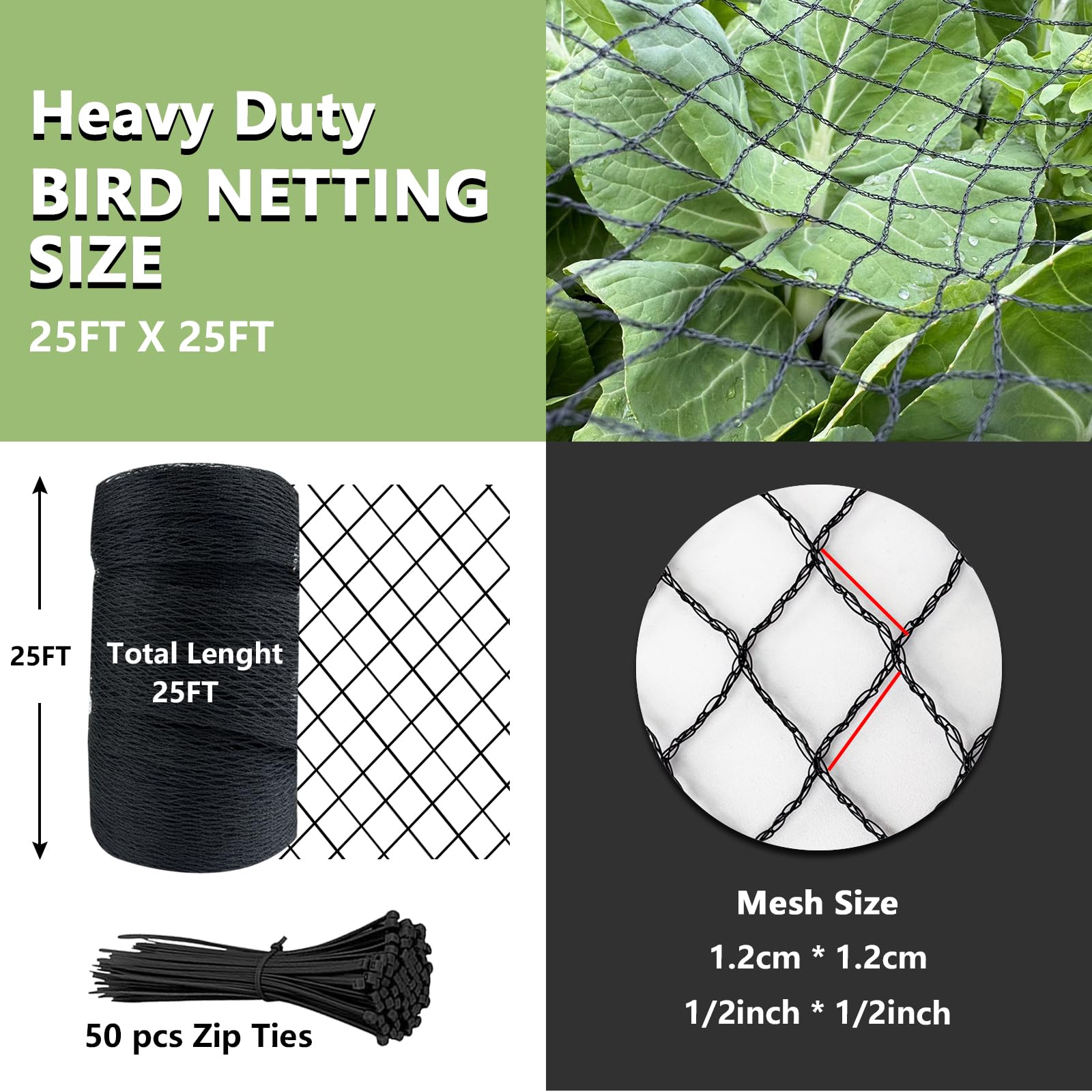Red para pájaros para jardín, 25 x 25 pies, red de jardín negra resistente para árboles frutales, gallineros, estanques, arbustos de arándanos, aves de corral y ciervos, red de protección de plantas