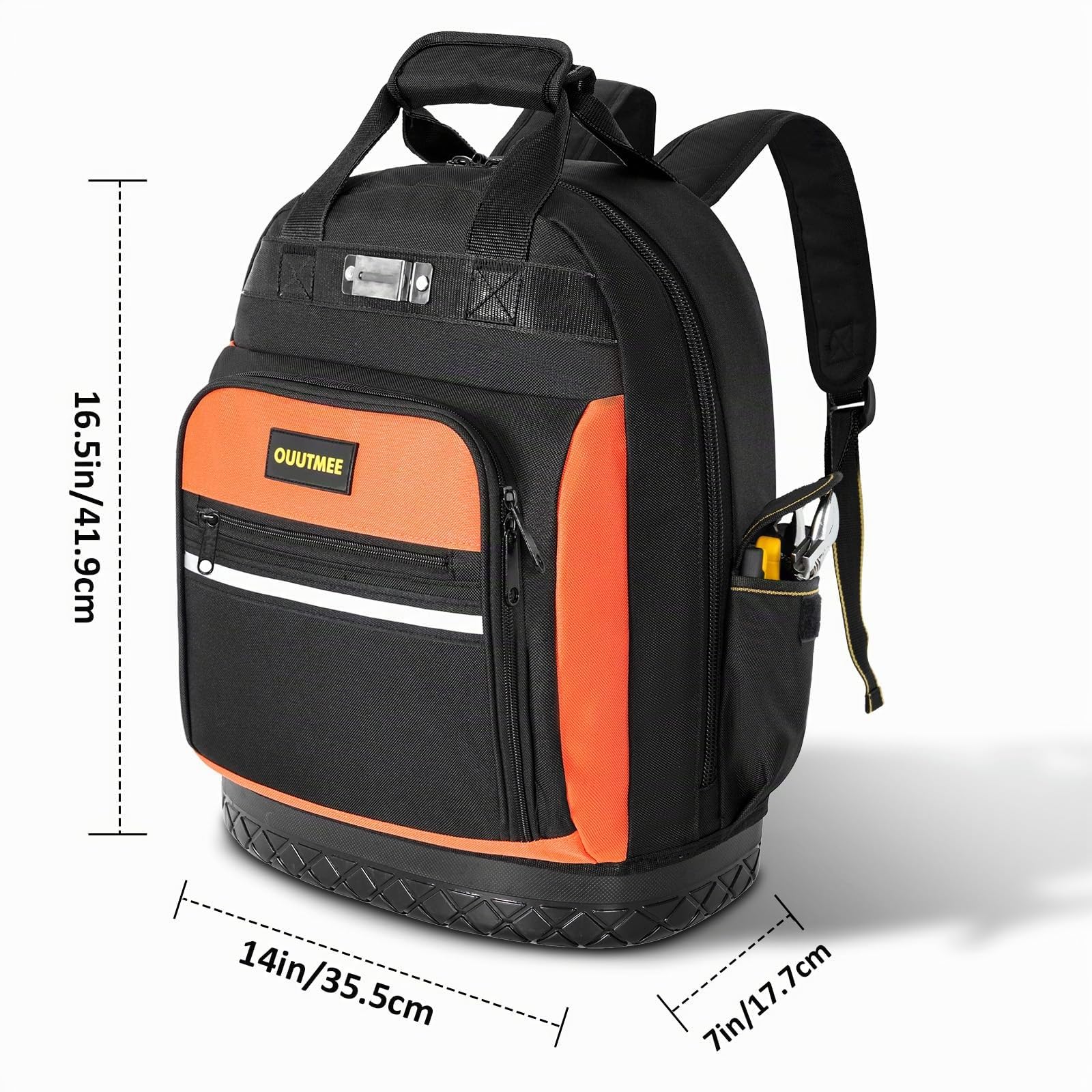 OUUTMEE Zaino per attrezzi con base in gomma ABS, borsa per attrezzi robusta con tasche multiple, borse portautensili con tracolla e cinghia in vita per elettricisti e costruzione (arancione)