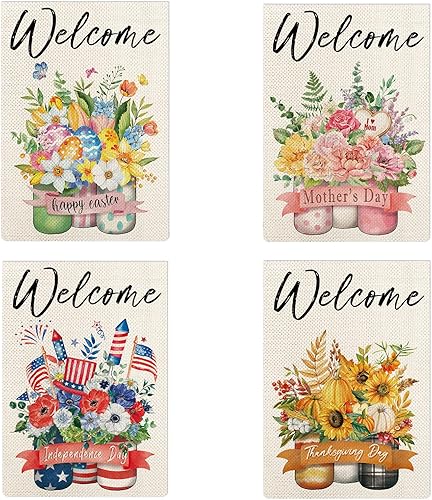 Juego de 4 banderas de jardín de temporada, con texto en inglés "Hello Spring Summer Fall Invierno" con tarro de vidrio de arpillera para patio,