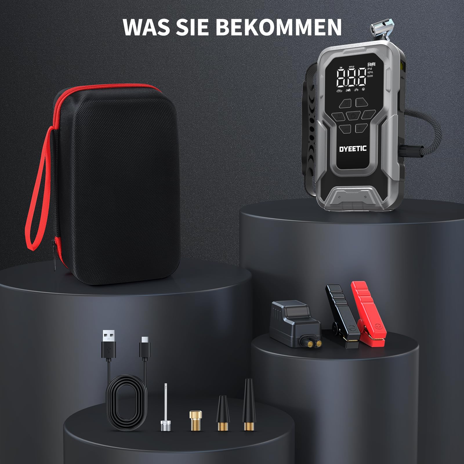 Starthilfe Powerbank mit Luftkompressor, DYEETIC Starthilfegerät 7000A 88Wh | Autobatterie Tragbarer Booster, 12V JumpStarter für alle Benzin/12L Dieselmotoren/Hybrid), 18W Schnelllade USB Ausgänge