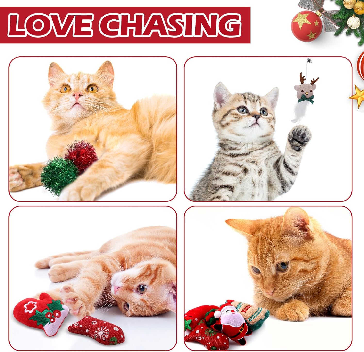 Syhood 18 Pcs Christmas Cat Stocking Toys Catnip Toys Set, Include Kitten Interactive Wand Toy Cat Chew Toy Teaser Wand Teething Mouse Santa Fish Ball Feather Toy Christmas Hanging Stocking for Pet