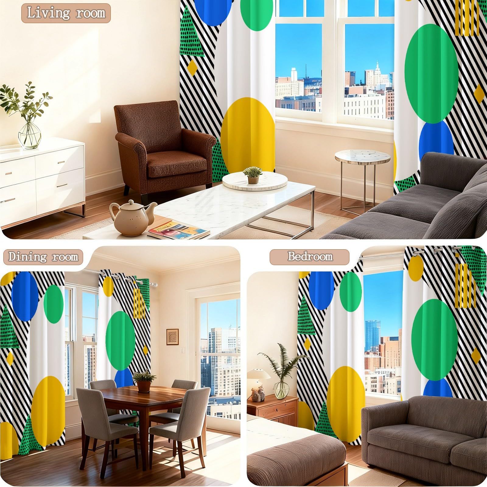 Verdunklungsvorhänge mit Ösen für Wohnzimmer, Modern Modisch Geometrisch Streifen Kreise Thermovorhang Hitzeschutz 2er Set B110 x H215 cm Bunt, Schlafzimmer Vorhänge Blickdicht Fenster Gardinen