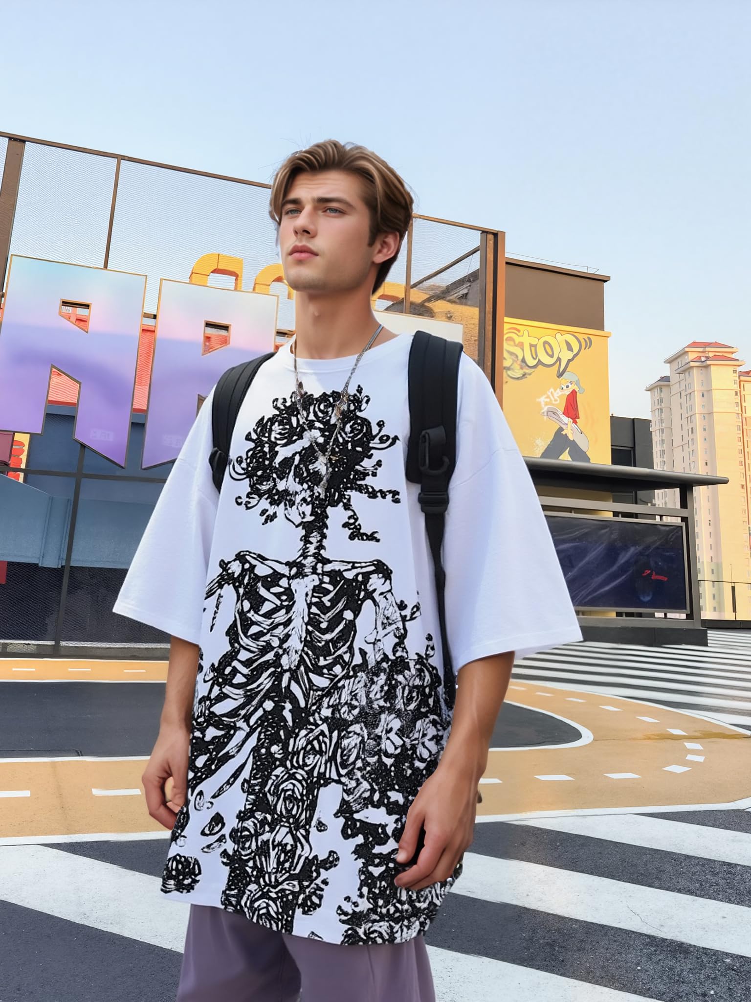 Women Man Y2K Skeleton T-Shirt, Punk Aesthetic Goth Skull Graphic Alternative Grunge Oversized Top Tshirts Streetwear: Small White