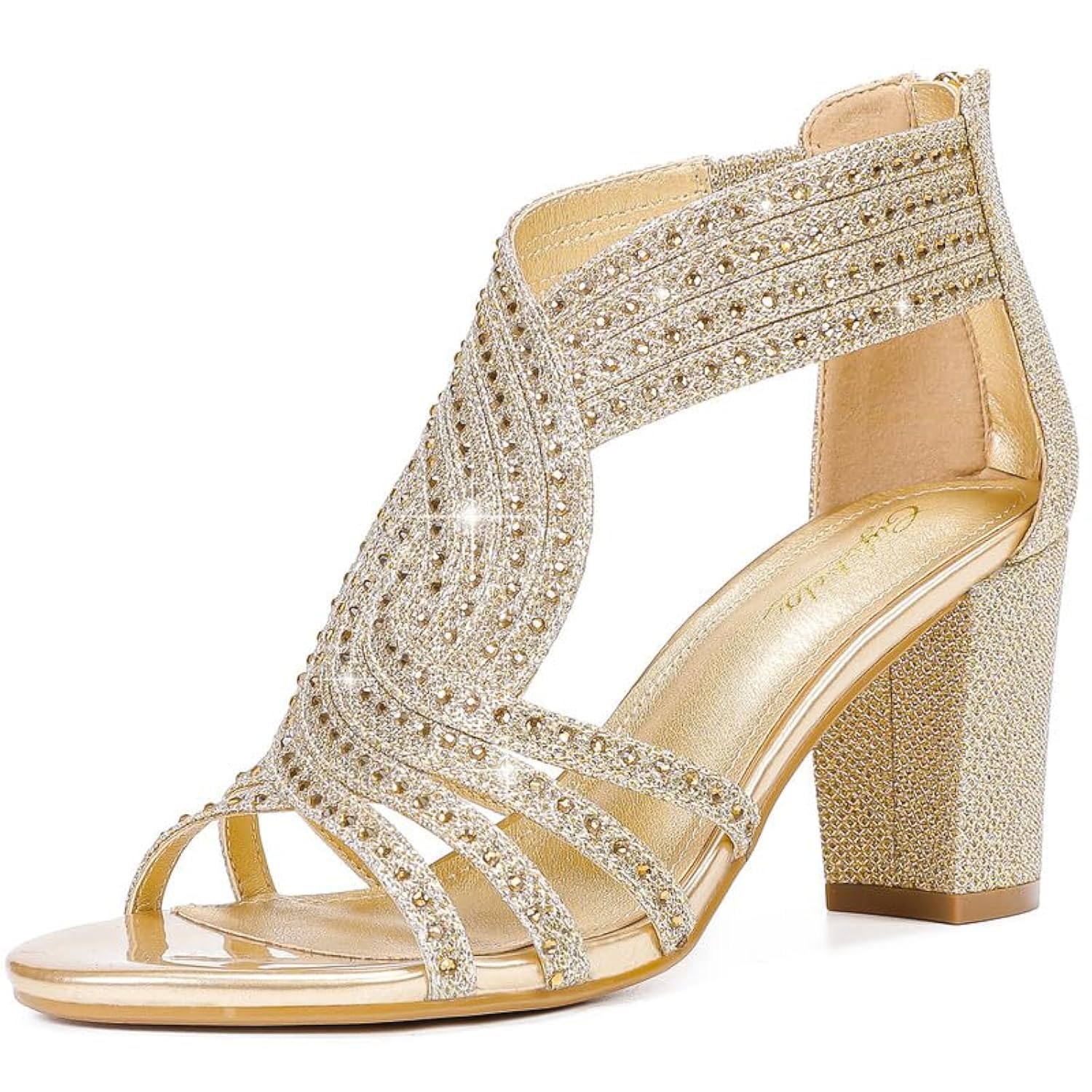 Women's Rhinestone Sparkly Chunky Block Heel Sandals Open Toe Dressy Shoes with Zipper Closure for Wedding Prom Homecoming Hoco Formal Events