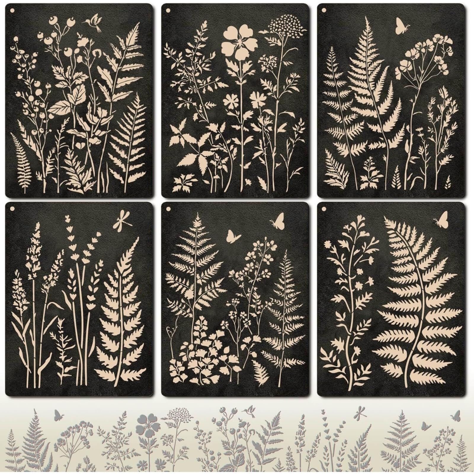 Comforso 6 Piece Plants Stencil Set,Large Reusable Plants Design Stencils 11x14.5 Inch for Painting on Wood,Walls & DIY Furniture Decor,PET Modular Stencil Kit (Plants)