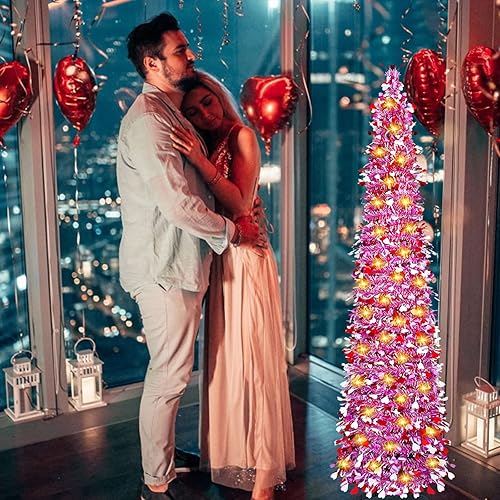 Miniatura 7 de KOLODOGO Árbol Artificial de 1.5 m para el Día de San Valentín Plegable con Lápices, Árboles de San Valentín Desmontables con 100 Luces Cálidas en