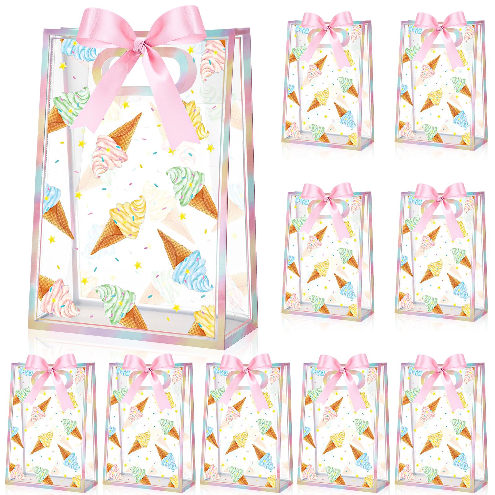 Aliceset 12 Pcs Ice Cream Party Favor Bags with Handles, 10x7x3.15 in | Clear PP Gift Bags, Pink Ribbon Accents, Stand-up Bottom Base, Ice Cream Candy Treat Goodies Bag, Summer Birthday Favors