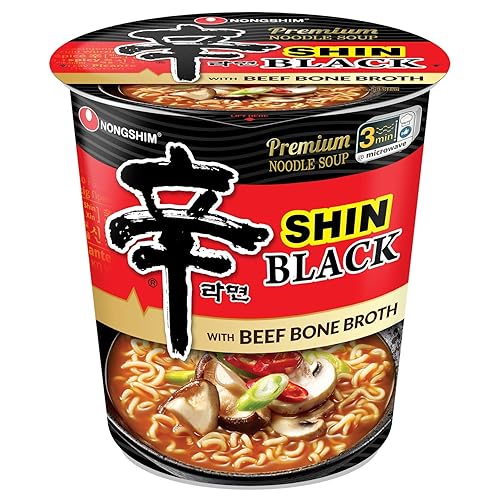 Nongshim Premium Shin Black Instant Ramen Noodle Cup, 6 Pack, Bold & Spicy, Beef Bone Broth, Microwaveable Ramen Soup Mix - Shin Black Beef - 3.5 Ounce (Pack of 6)