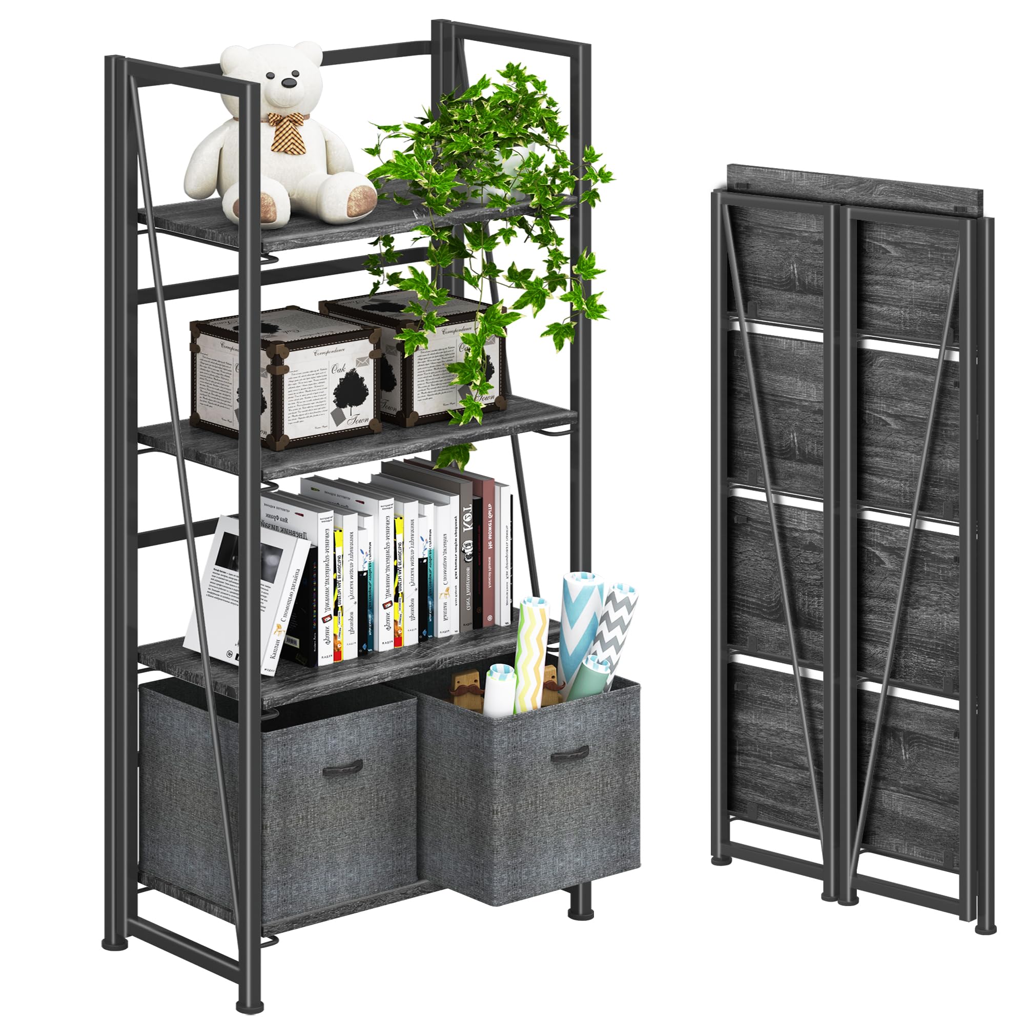4NM No Assembly Folding Bookshelf Storage Shelves 4 Tiers Vintage Bookcase Standing Racks Study Organizer Home Office (Gray Black)