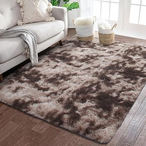 Leopard Brown 3x5 Area Rug, High Pile Soft Velvety Shag Rug, Polyester Tie-Dye Rug for Living Room, Bedroom, Kids Room, Home Decor Caqui