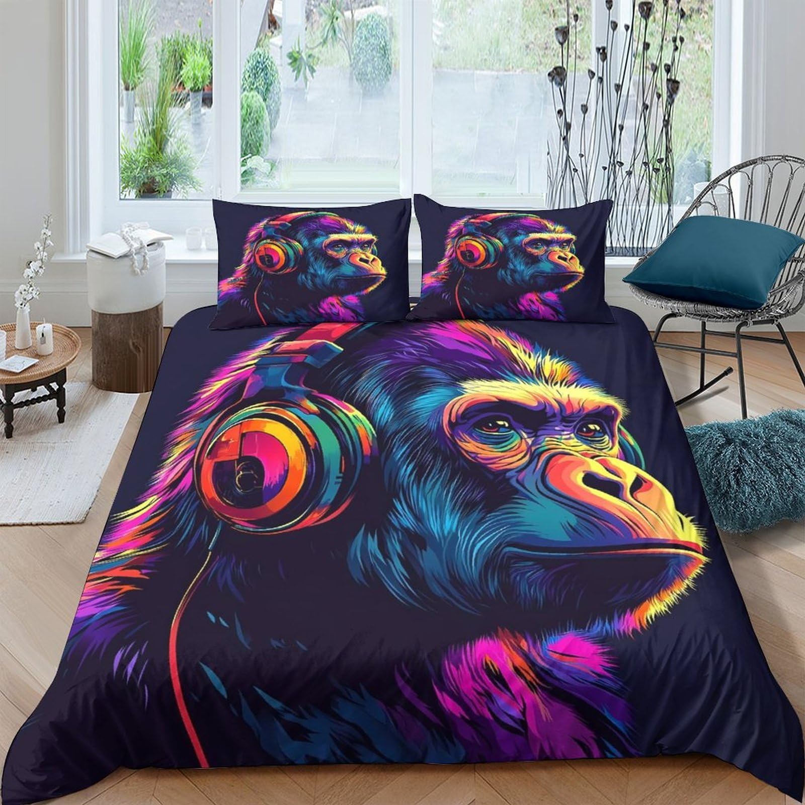 Ctjqhvkz Style-9 3D Printed Neon Gorilla Fitted Sheet Microfiber Soft Breathable Headphone Art Mattress Cover For Bedroom Guest Room Decor Single（135X200cm）