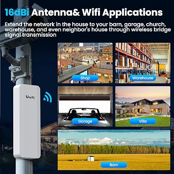 Point to Point Wireless Bridge Outdoor,UeeVii CPE850 5.8G 1200Mbps 5KM CPE for Extend Network to Outbuildings Barn Shop Garage with 16dBi WiFi Antenna 24V PoE Power IP65 Waterproof 2-Pack