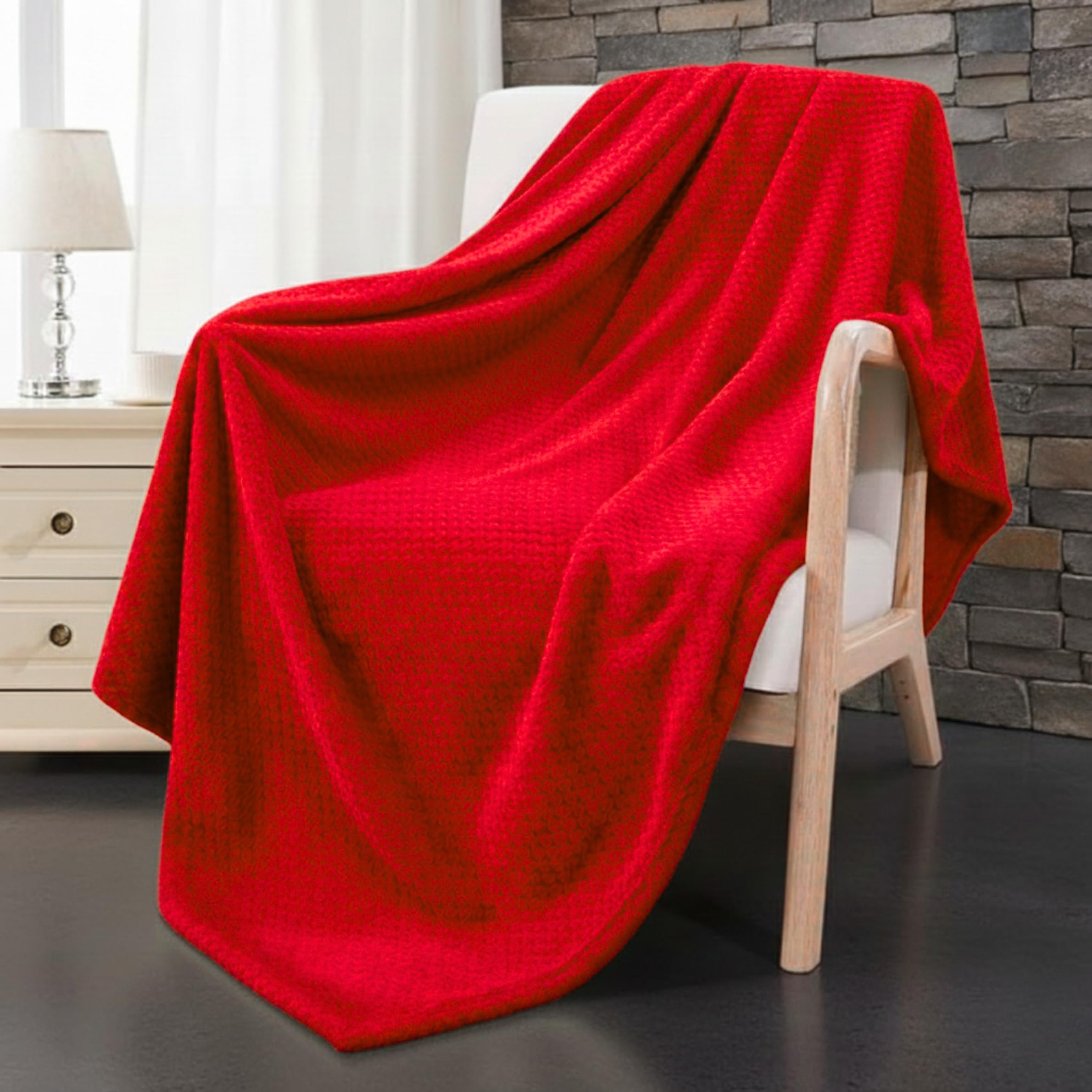 Dolce Vari Red Premium Waffle Whisper Fleece Throw Blankets Honeycomb Super Soft Warm Cozy Over Sofa Bed Throw Blanket (, King)