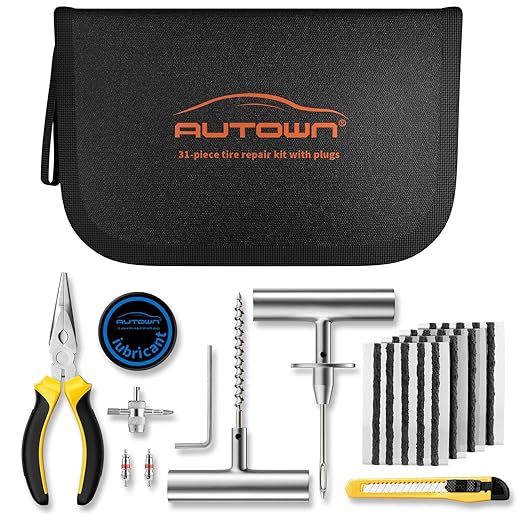 Flat Tire Repair Kit with Plugs 31 Pcs for Car, Motorcycle, ATV, Jeep, Truck, Tractor Flat Tire Puncture Repair