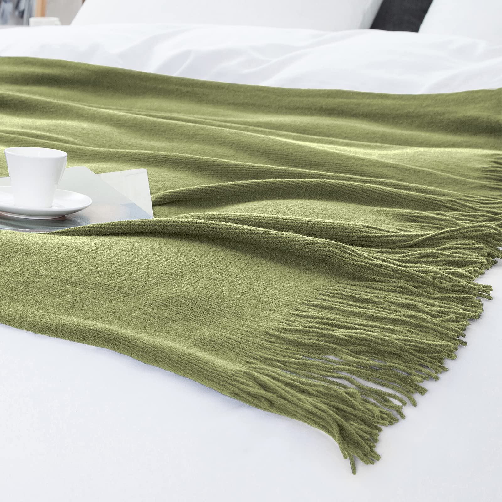 Vonty Coperta lavorata a maglia verde salvia con nappe frange 127 x 152,4 cm, coperta in maglia super morbida, decorativa per divano, letto