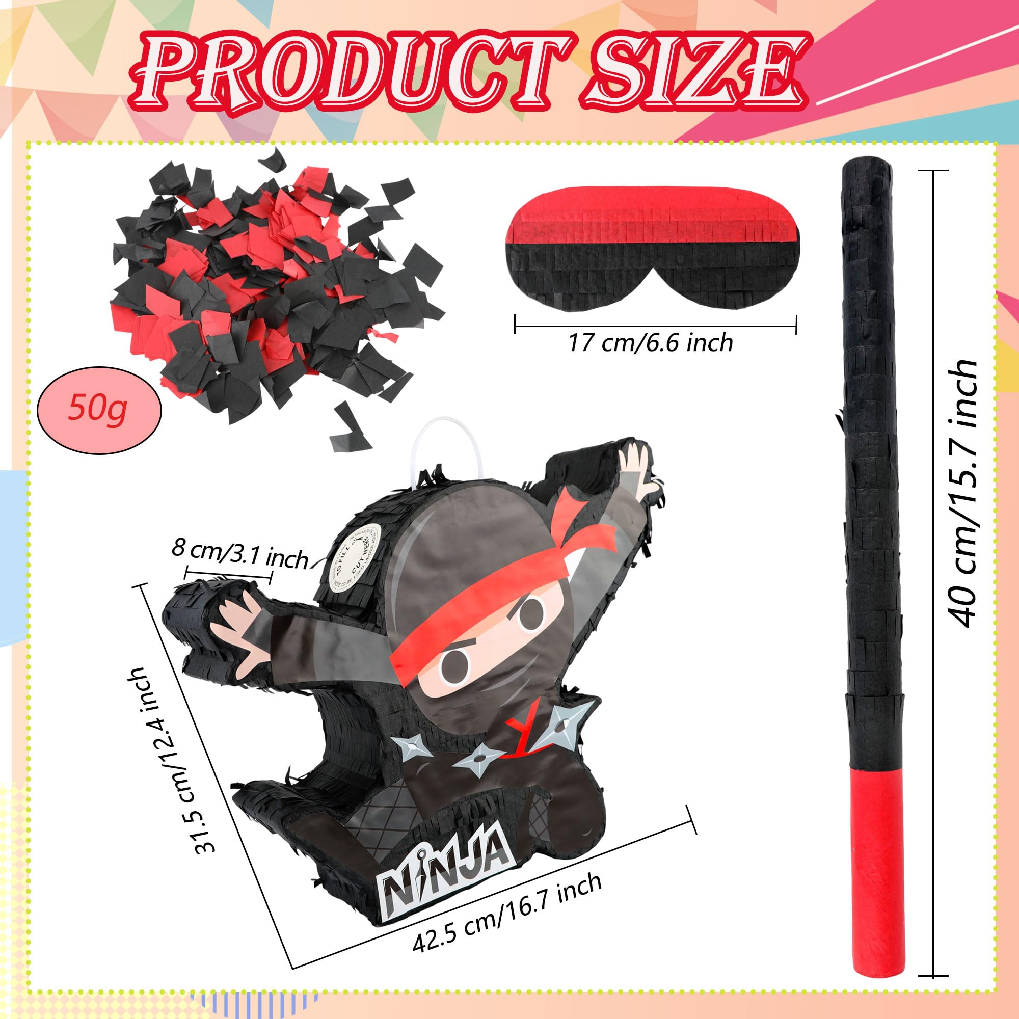 Black Ninja Pinata Ninja-Themed Piñata Bundle Paper Cool Warrior Design Pinata with Stick Blindfold Confetti for Birthday Party Decor Props - Image 2