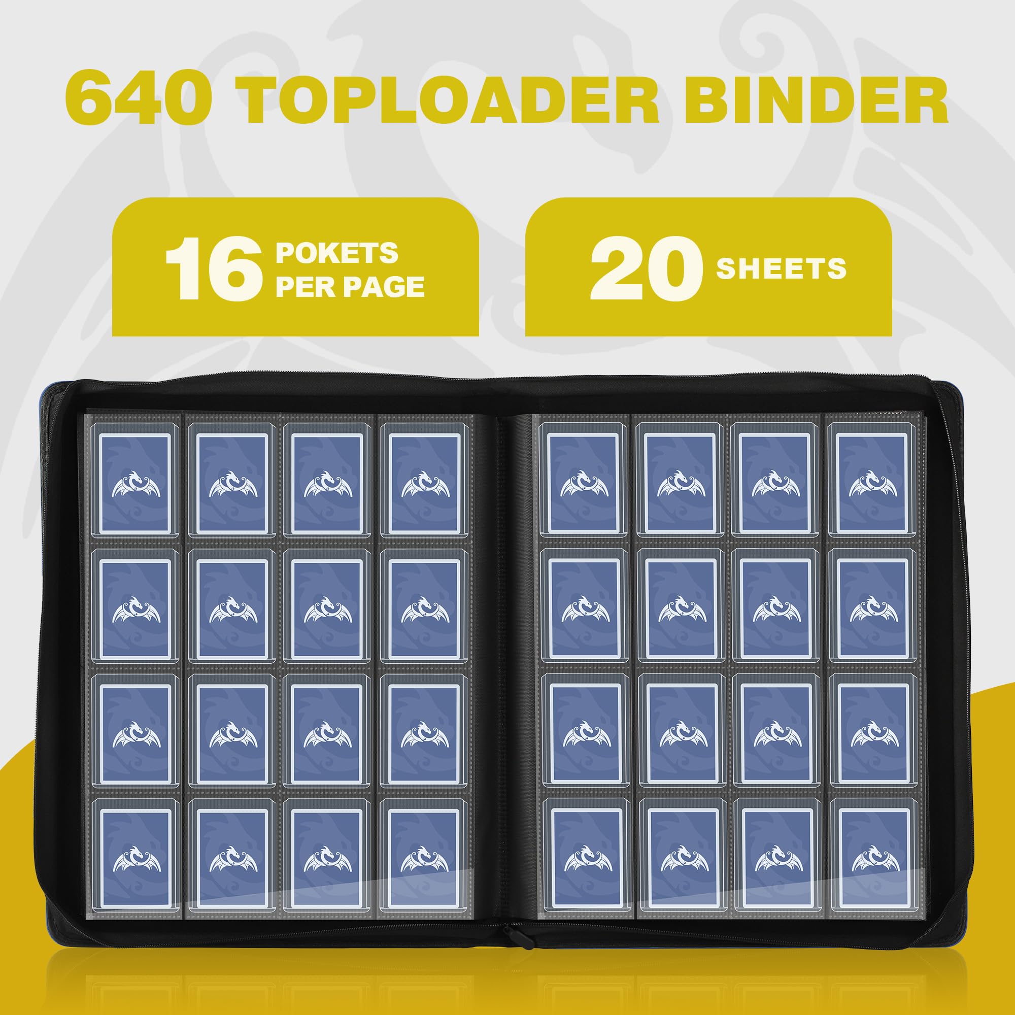 TCGPRO 16 tasche Toploader, per carte da collezione da 640 3" x 4" con custodie, album Toploader 20 pagine double face, compatibile con Trading Card, carte sportive, ecc. Blu scuro