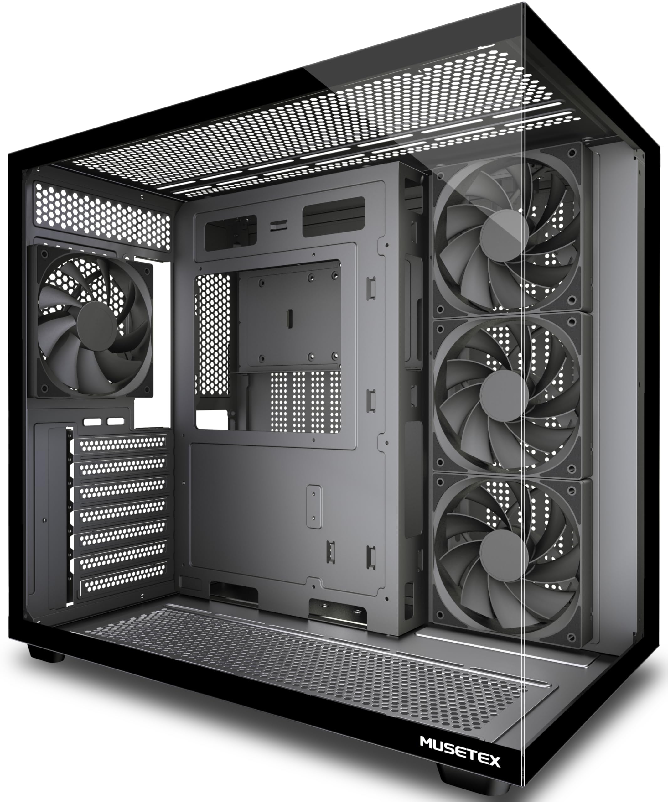 MUSETEX Y6 PC Gehäuse Vorinstallation 4 Nicht-LED-Lüfter, ATX Mid Tower Computer Gehäuse, ATX Gehäuse mit Type-C, 270° Full View Tempered Glass, Schwarz