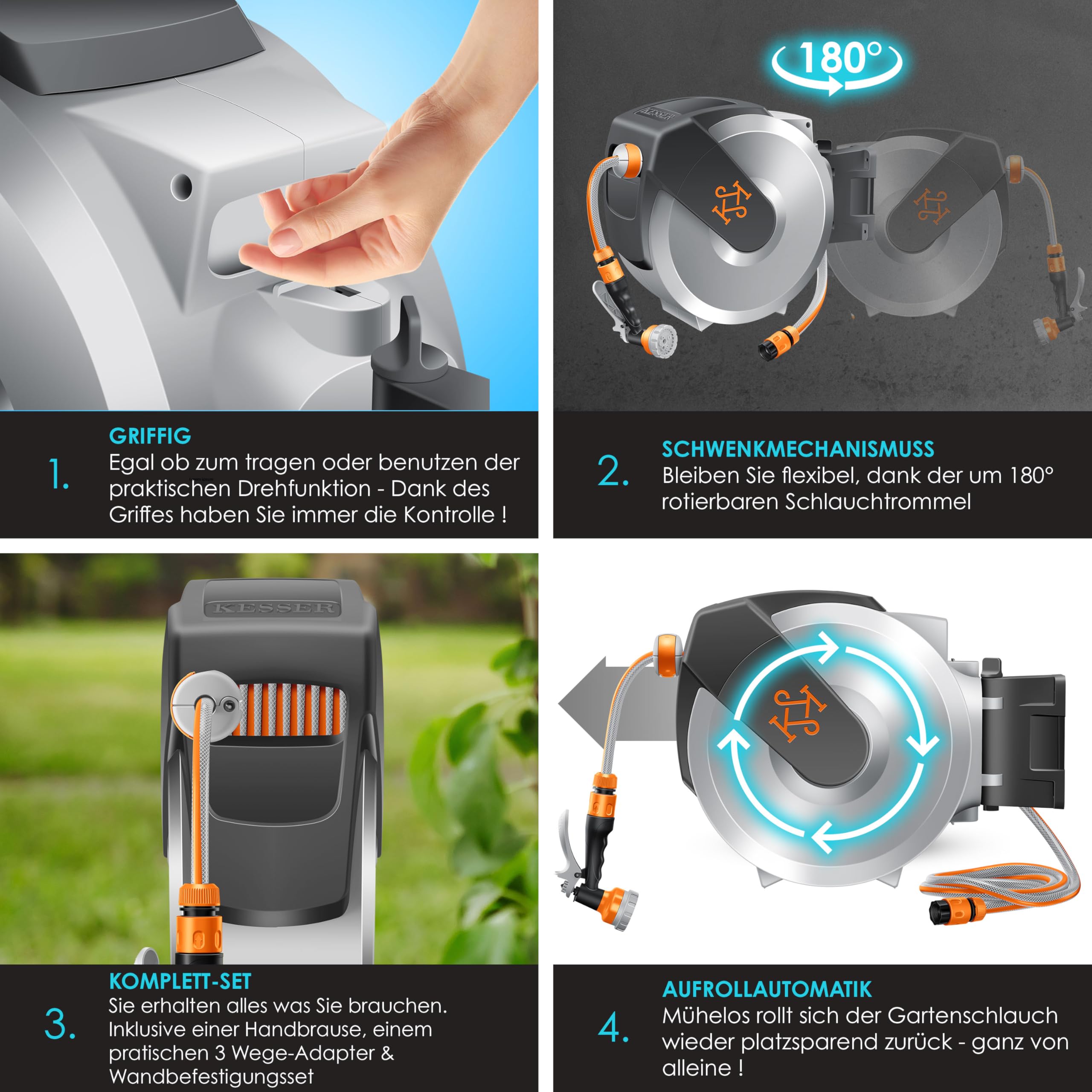 KESSER® Enrollador de Mangueras, Manguera de Jardín, Montaje en Pared, Giro de 180° y Retracción Automática, incl. Teleducha de 7 funciones, 20m - Gris Claro/Gris