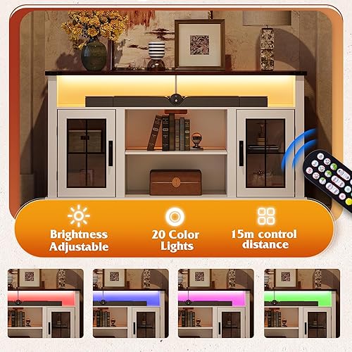 Miniatura 4 de WLIVE Soporte de TV de granja para TV de 65 pulgadas, centro de entretenimiento alto con luces LED y armarios de almacenamiento, mesa consola