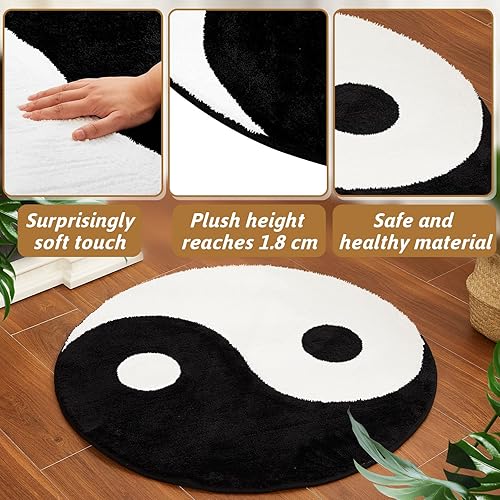 Miniatura 3 de Fabbay Ying Yang - Alfombra redonda lavable clásica con signo de paz para el hogar, sala de estar, dormitorio, blanco y negro, 35 pulgadas
