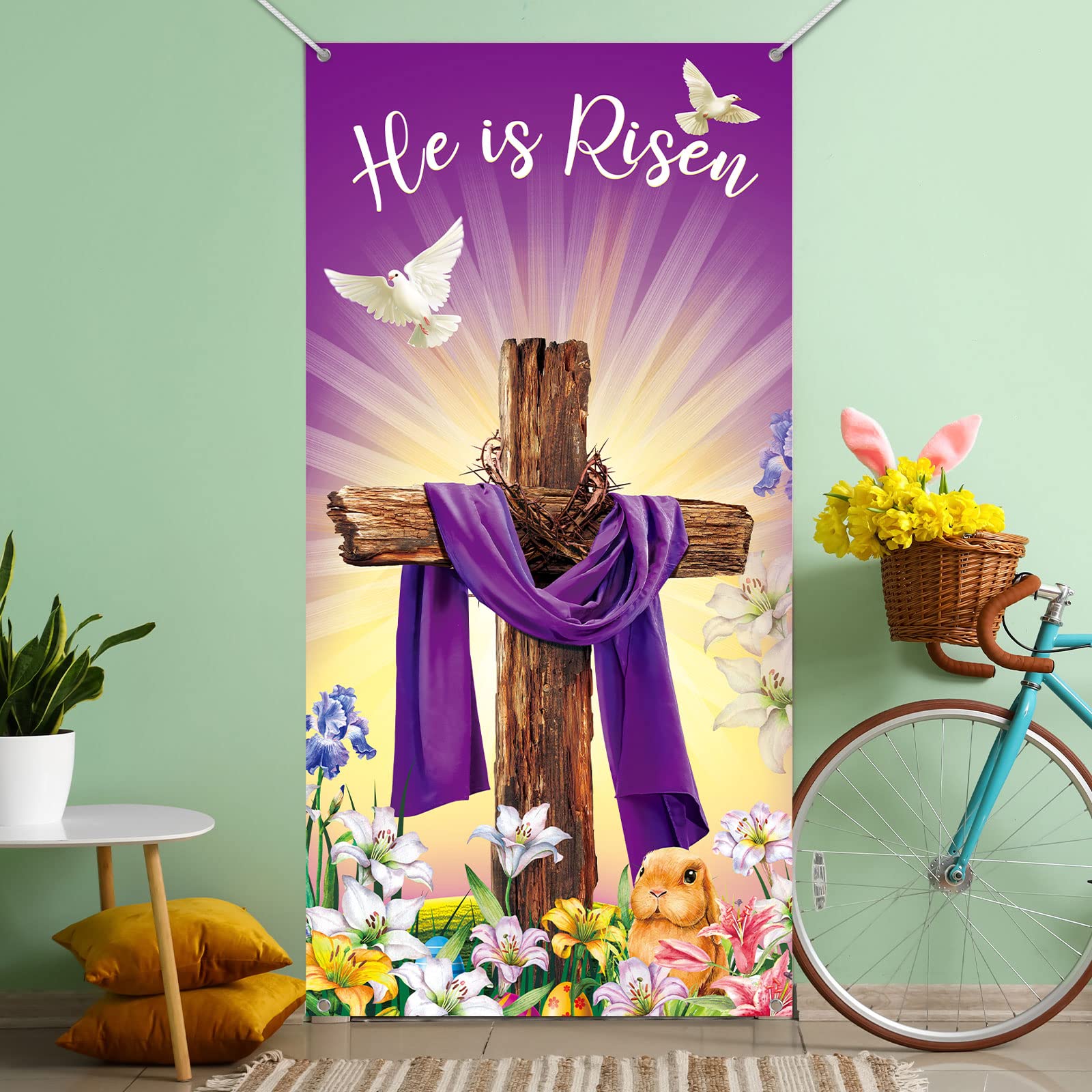 Fahrendom Set Di 4 Federe Decorative Pasquali 50x50 Cm – Motivi Religiosi Croce E Scritte 'He Is Risen', In Cotone E Lino - 5