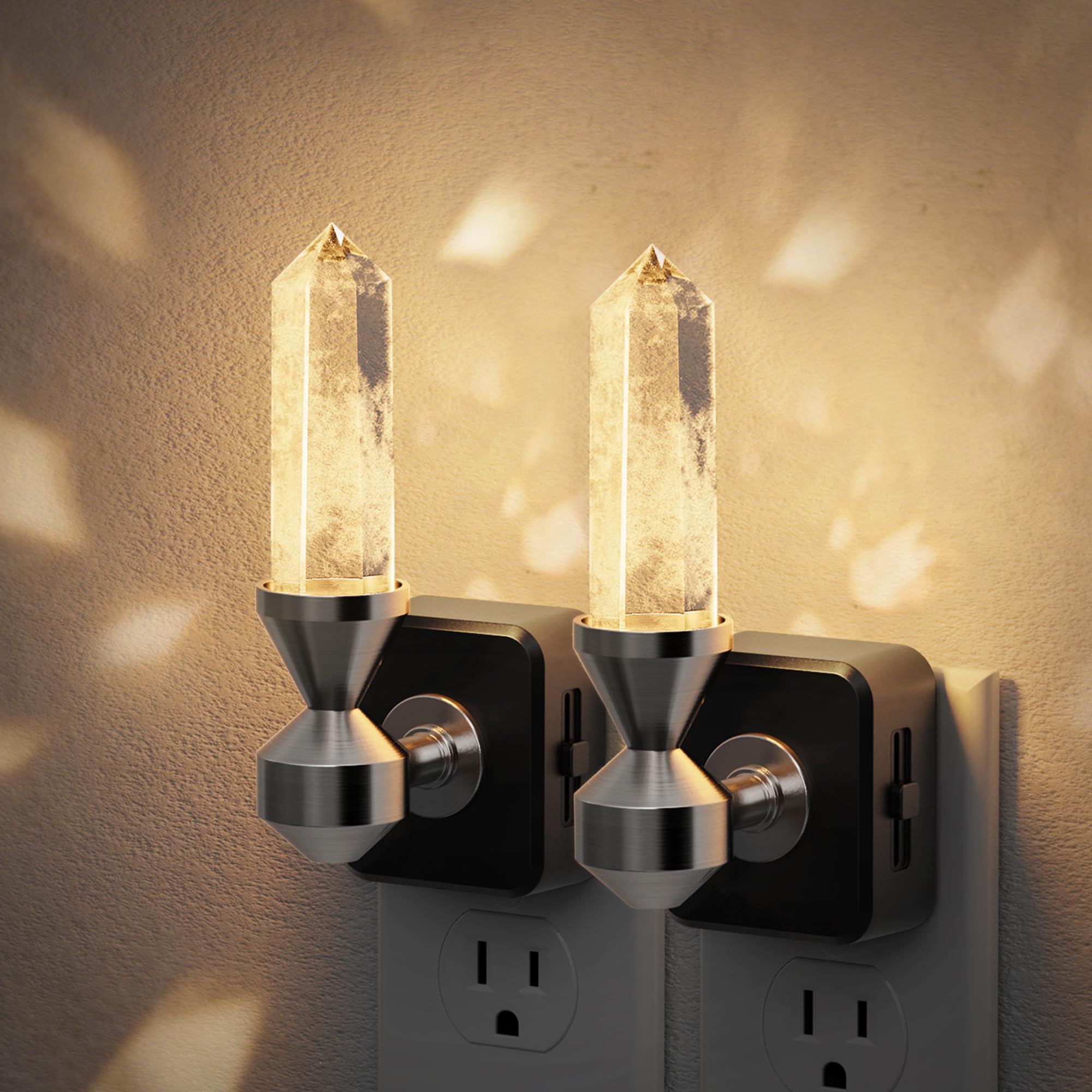 JandCase Healing Crystals LED Night Light Plug into Wall 2 Pack | Dimmable Night Lights witih Clear Quartz Tower, Dusk to Dawn Sensor Nightlights for Meditation Living Room Bedroom Home Decor