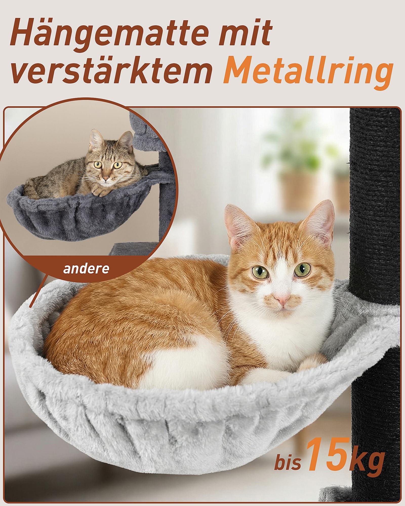 Kratzbaum für Große Katzen, 164cm Kratzbaum Groß, 11cm d Stämme | Kratzbaum Grosse Katzen Stabil, 2 Hängematte, 2 Plüschplattform, 2 Höhle, Mehrstöckiger Katzenbaum für Große Katzen, Grau