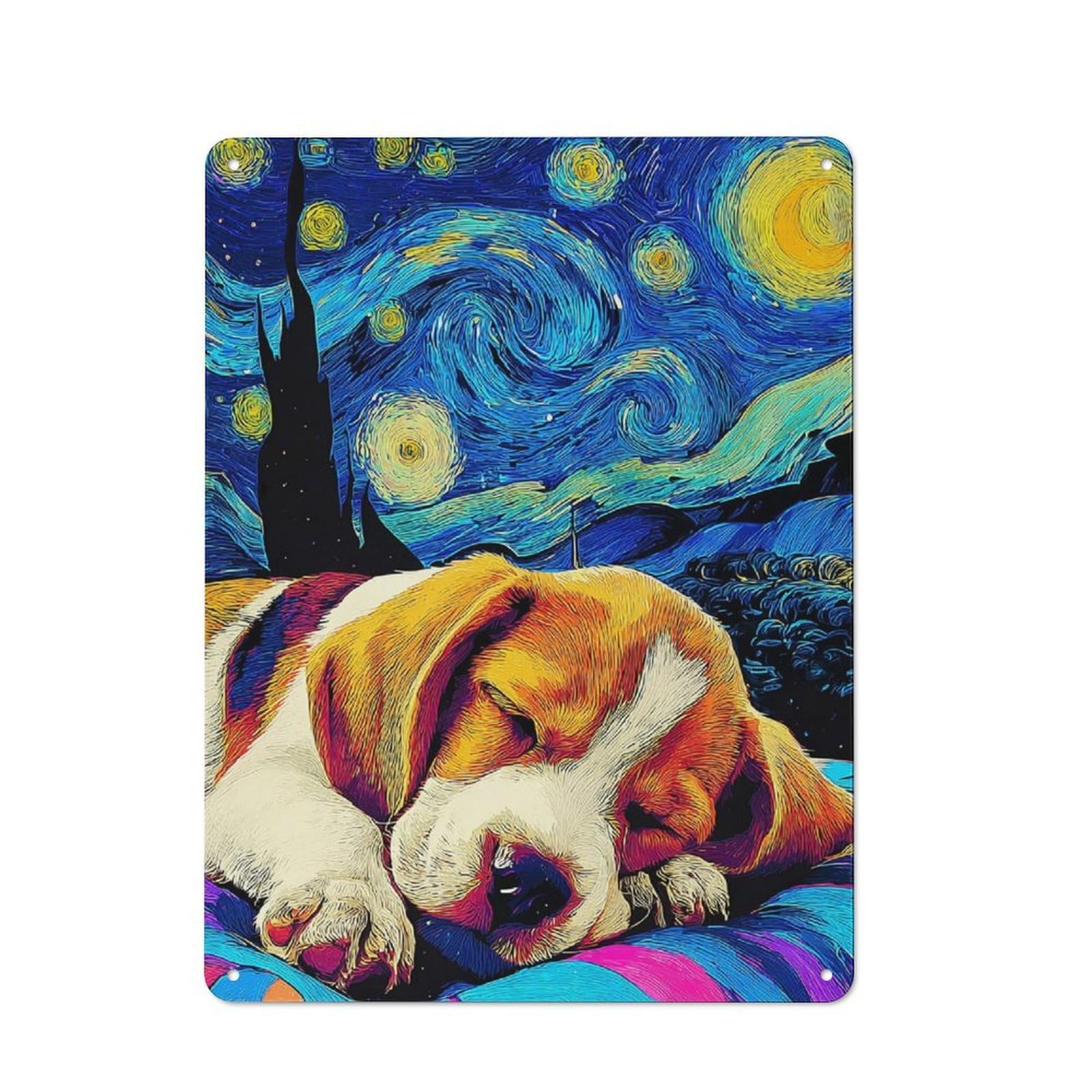 Junmoney Starry Night Pup Dreamscape -2 Warehouse Style Tin Wall Sign 40X30cm Featuring Loft Wall Plaque For Loft, Studio, Office Or Creative Room
