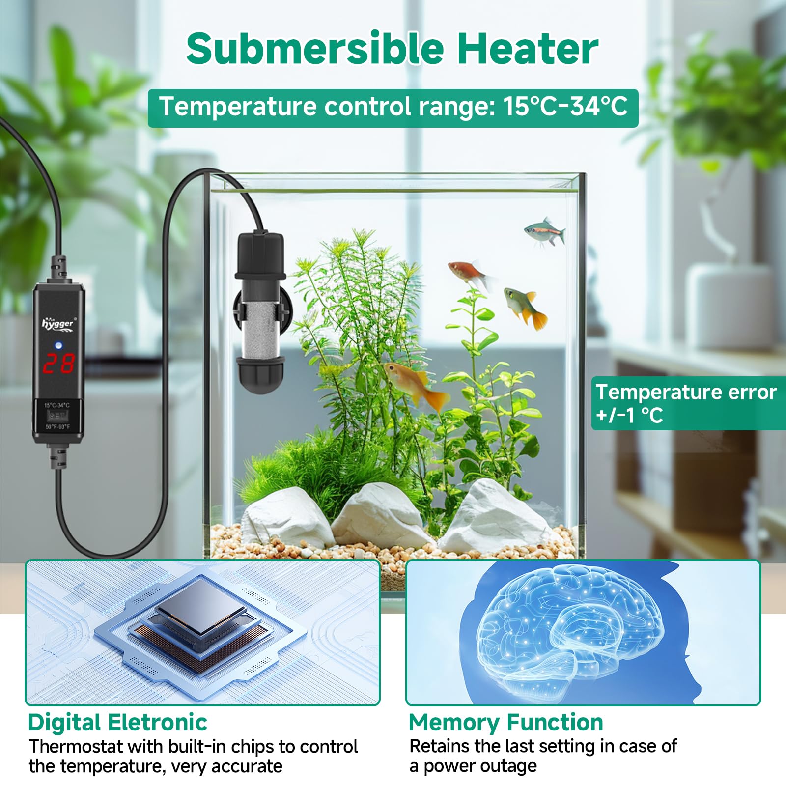 hygger Riscaldatore per acquario, 25 W, asta riscaldante regolabile, 15 – 34 °C, riscaldatore digitale per acquario, con regolatore di temperatura, per acqua salata e acqua dolce, serbatoio per