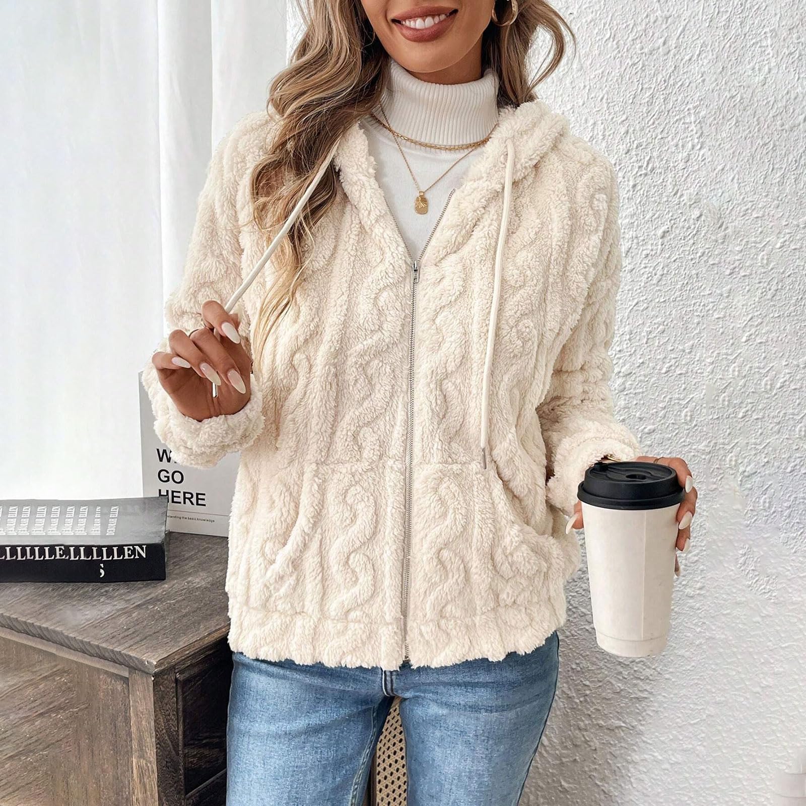 Yeenily Polaire À Capuche pour Femme Manteaux Peluche Zippée Épaissir Garder Cardigan Décontractée Hooded Coat Mode Hiver Outerwear
