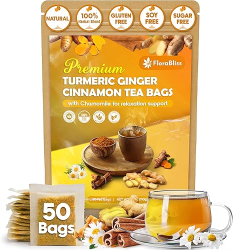 FloraBliss 50 bolsas de té de cúrcuma, jengibre y canela prémium con manzanilla, extra fuerte 0.08 ozbolsa, 100% natural, sin cafeína, vegano,