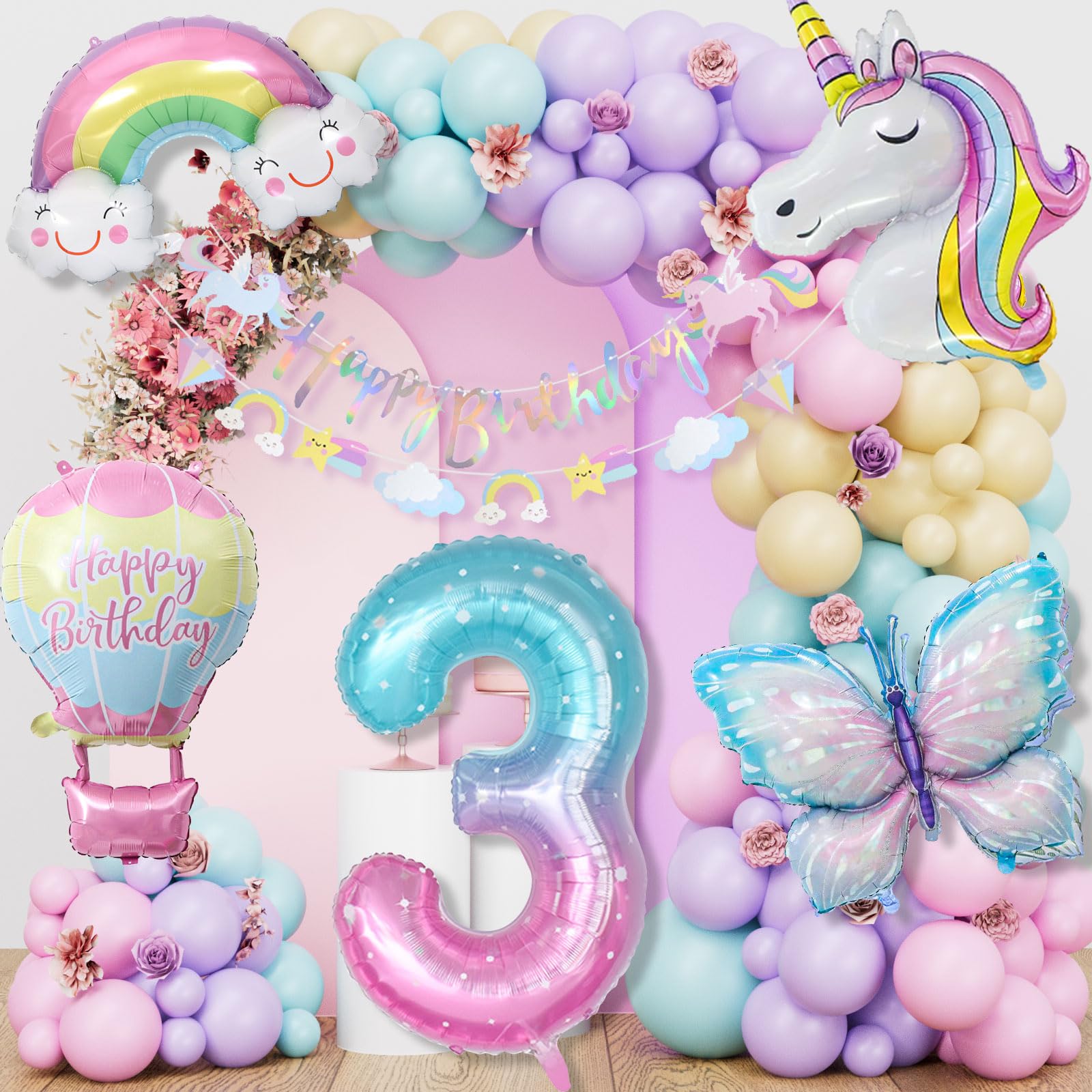 Einhorn Geburtstagsdeko Mädchen, 5 Jahre Schmetterling Geburtstag Deko, Einhorn Deko Kindergeburtstag, 1-10 Jahre Happy Birthday Deko, Einhorn Luftballons für 5. Geburtstag Mädchen Deko