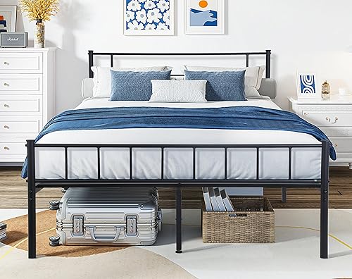 Base de cama King de 12 pulgadas con cabecero, marco de cama de metal resistente con almacenamiento, base de cama de colchón no necesita somier,